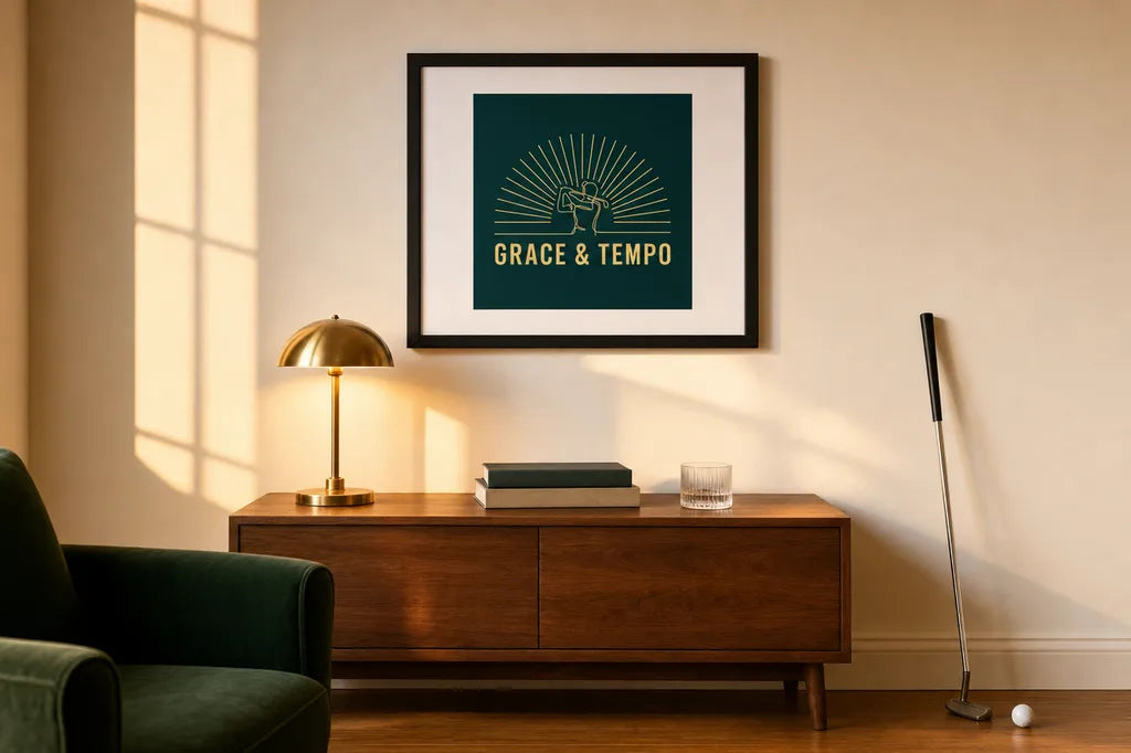 The RaZits Grace and Tempo golf print, a gold single line golfer on deep emerald, framed in black above a walnut sideboard in a warm study with a brass lamp and a putter leaning in the corner