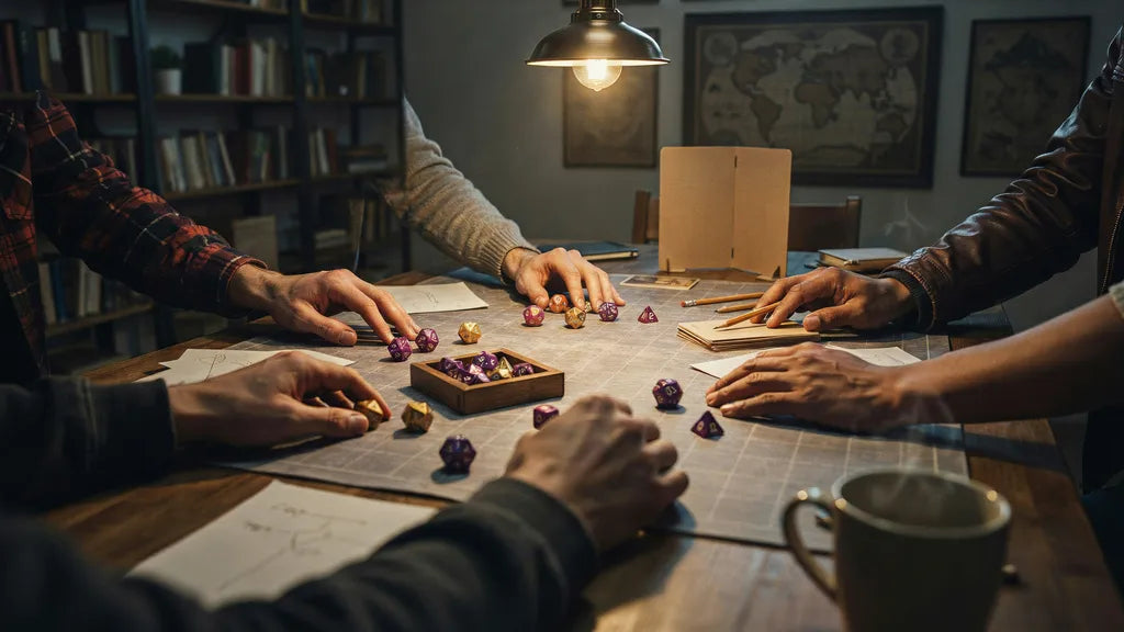 Six people around a wooden table mid session, low warm pendant light over a battle map, dice and paper, a framed map on the wall behind