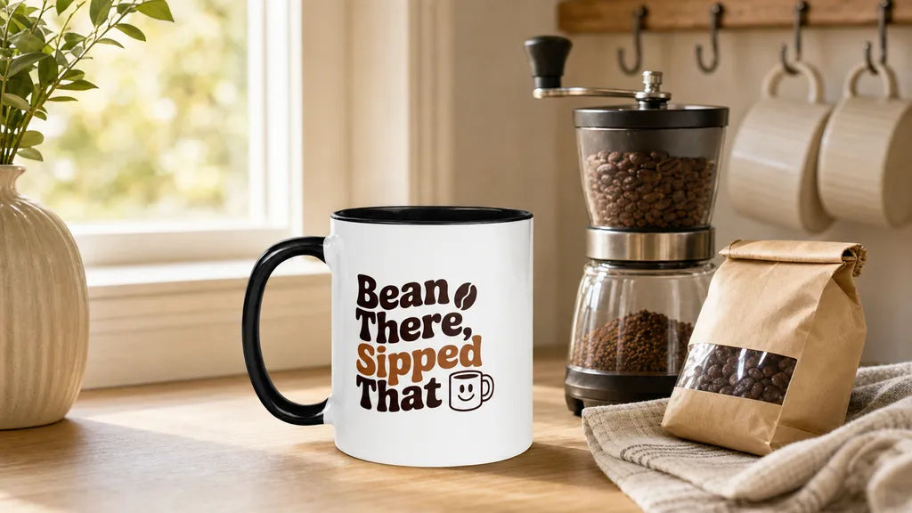 The RaZits Bean There Sipped That mug, white with a black handle and interior, on a pale wood kitchen counter beside a burr grinder and a folded bag of coffee beans in morning light