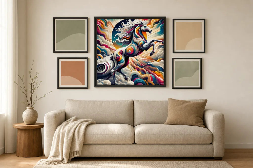 The RaZits Soar with Pegasus print in a square black frame as the anchor of a five frame gallery wall above an oatmeal linen sofa, with four smaller abstract prints around it