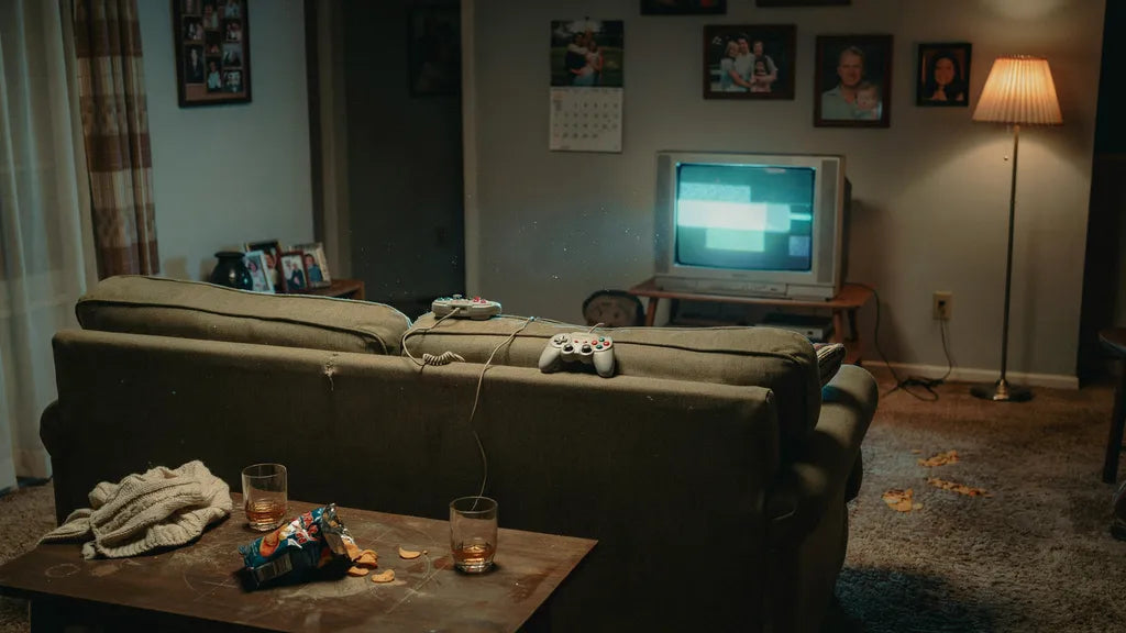 Warm 1990s living room at night seen from behind a low couch, two wired controllers on the cushions and cables trailing to a glowing tube television