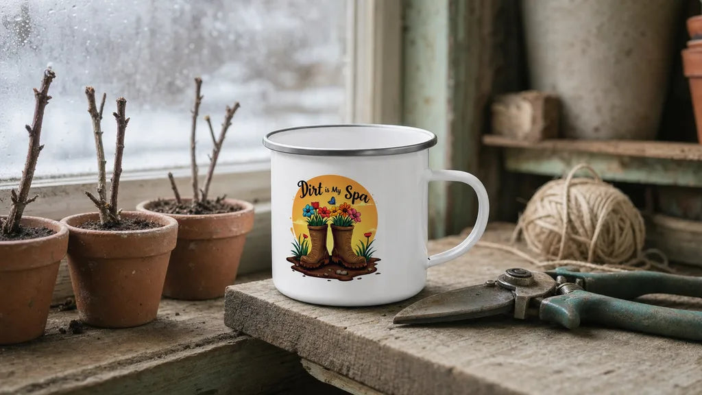 The RaZits Dirt is My Spa enamel mug on a weathered potting shed windowsill beside terracotta pots of dormant cuttings, a coil of garden twine and worn secateurs