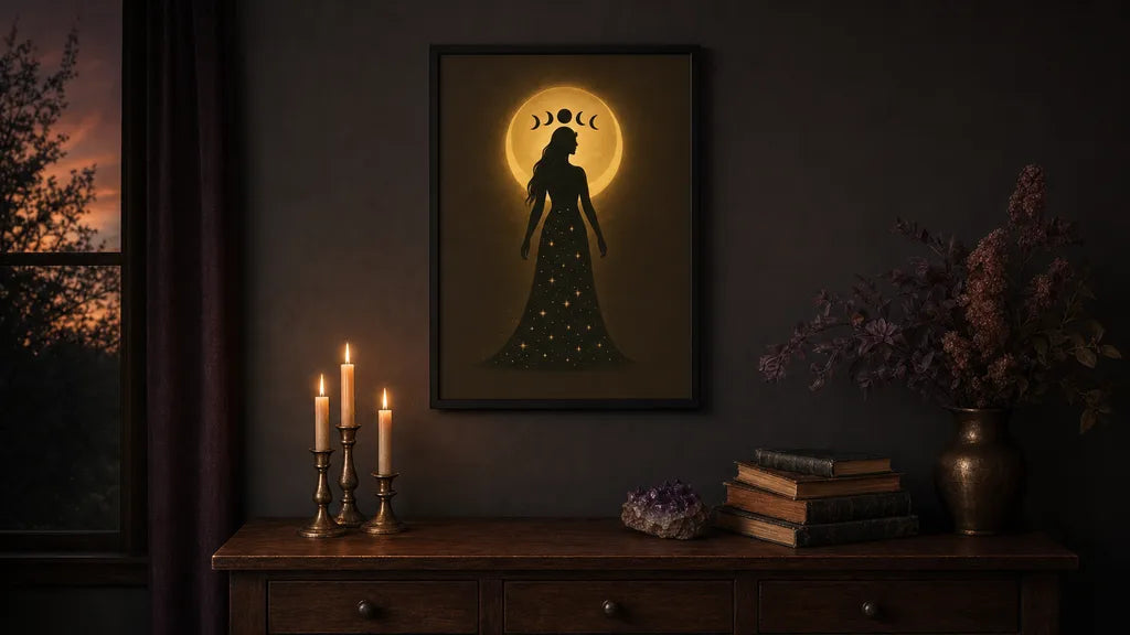 The RaZits Triple Moon Goddess print framed on a deep charcoal wall above a dark wood console table with lit taper candles in brass holders, an amethyst cluster and a stack of worn books