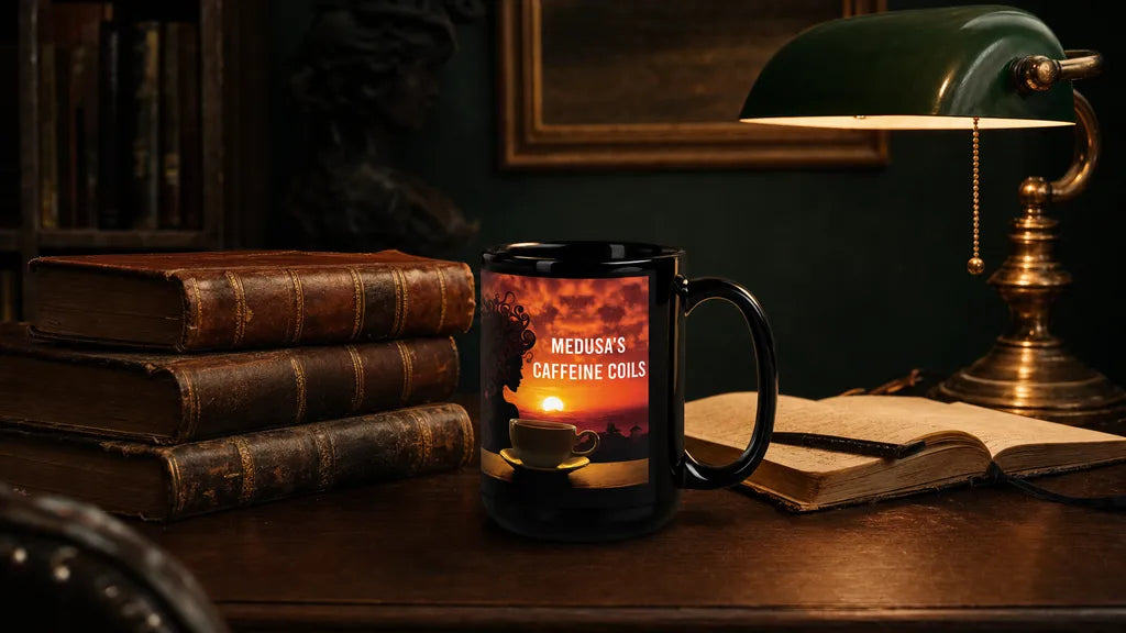 The RaZits Medusa's Caffeine Coils black glossy mug on a dark walnut desk in a dark academia study, beside a stack of leather-bound books, an open book and a green brass banker's lamp