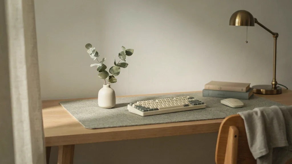 A considered desk in warm afternoon light with a large desk mat, keyboard and a folded tee over a wooden chair