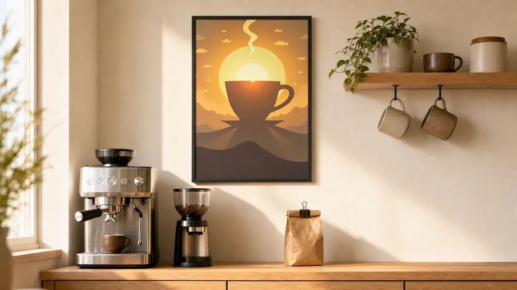 The RaZits Sunrise Brew print framed above a home coffee bar with an espresso machine, burr grinder, a clipped bag of beans and mugs hanging on hooks under a floating shelf