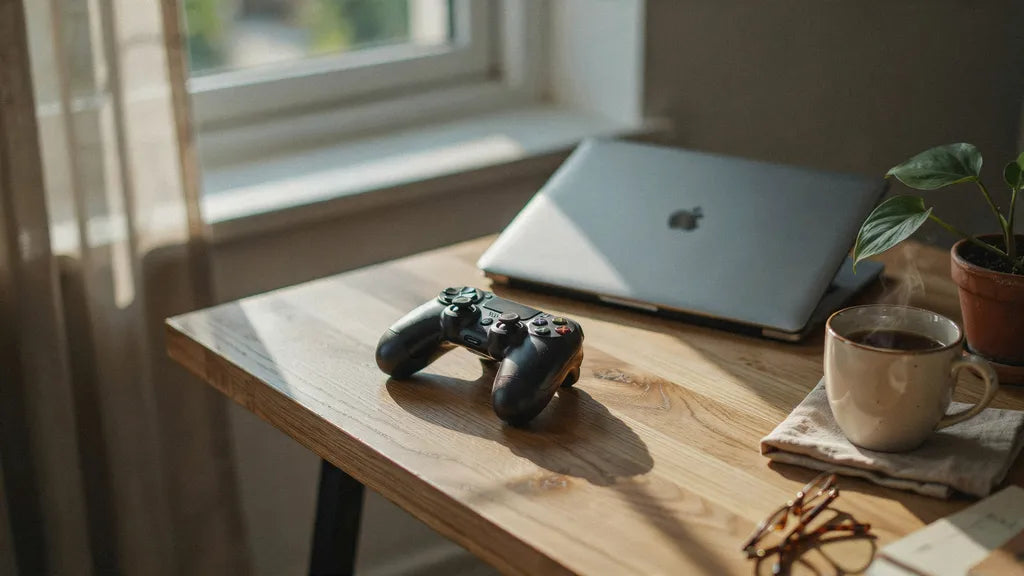 A game controller set down on a wooden desk in morning light beside a mug of tea, a calm and unhurried gaming space
