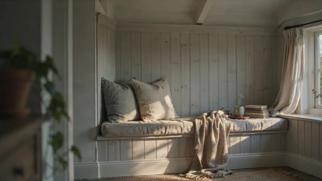 Deep window seat reading nook at golden hour with a linen cushion, pillows, a throw and a small side table holding a mug and a stack of books