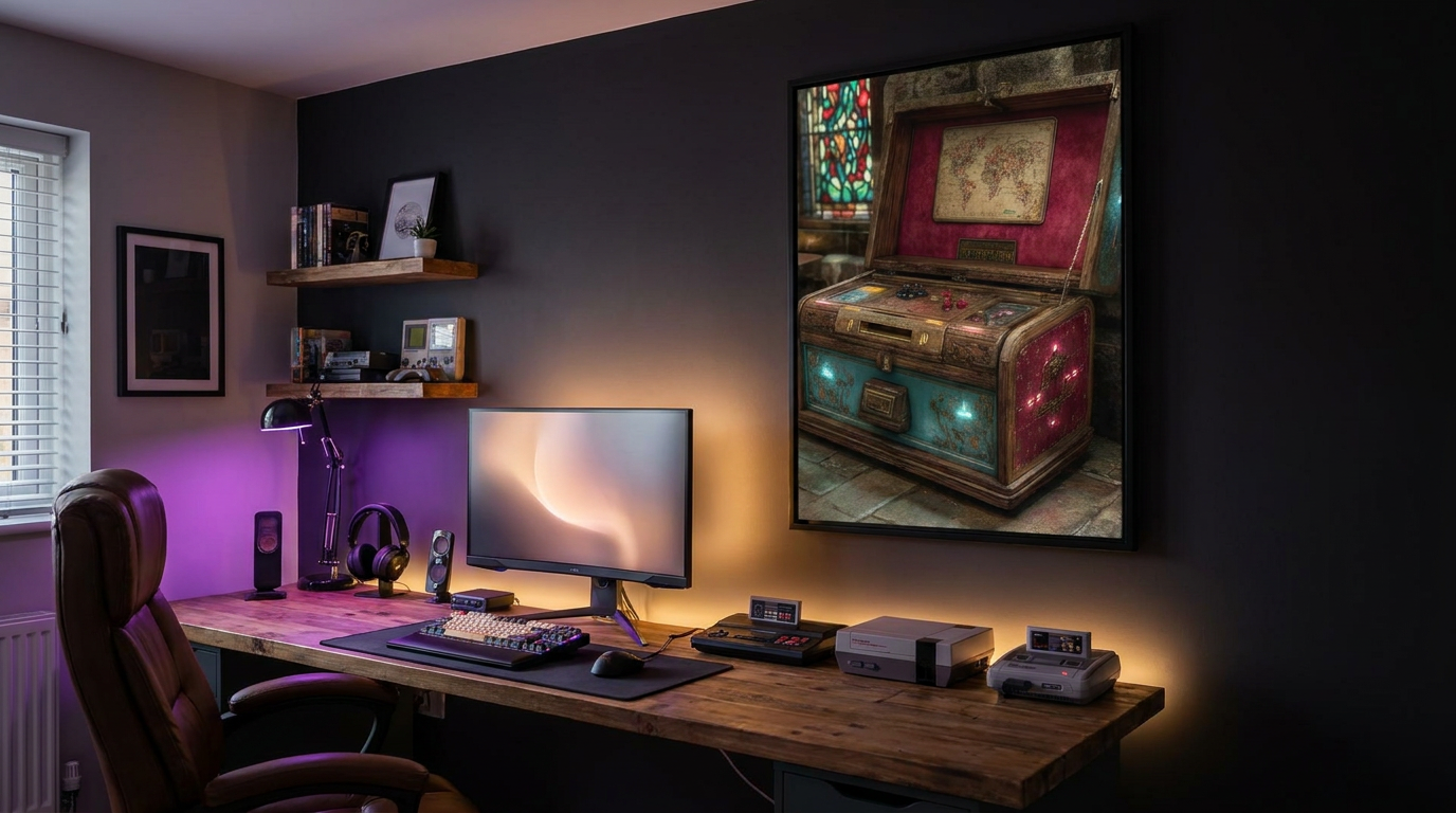 Retro gaming room hero, a framed Neon Reliquary print as the focal point on a dark feature wall above a desk at dusk