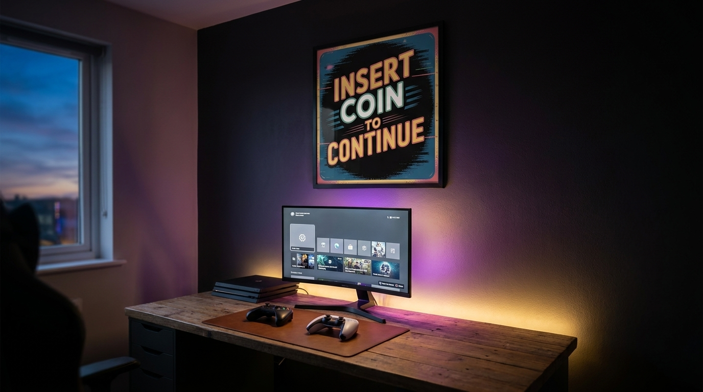 Gaming room wall at dusk with a framed Insert Coin to Continue art print above a desk