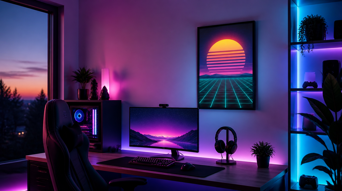 Neon gaming room aesthetic at dusk with a framed synthwave poster on the wall above the desk.