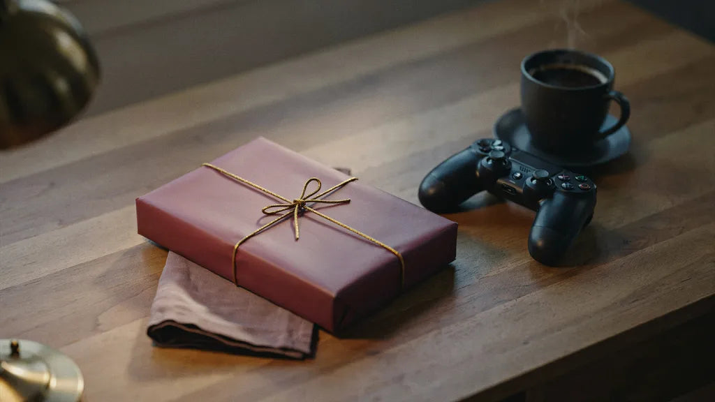 A flat wrapped parcel in deep plum paper with a gold cord resting on a warm wooden desk beside a black game controller and a dark ceramic coffee mug