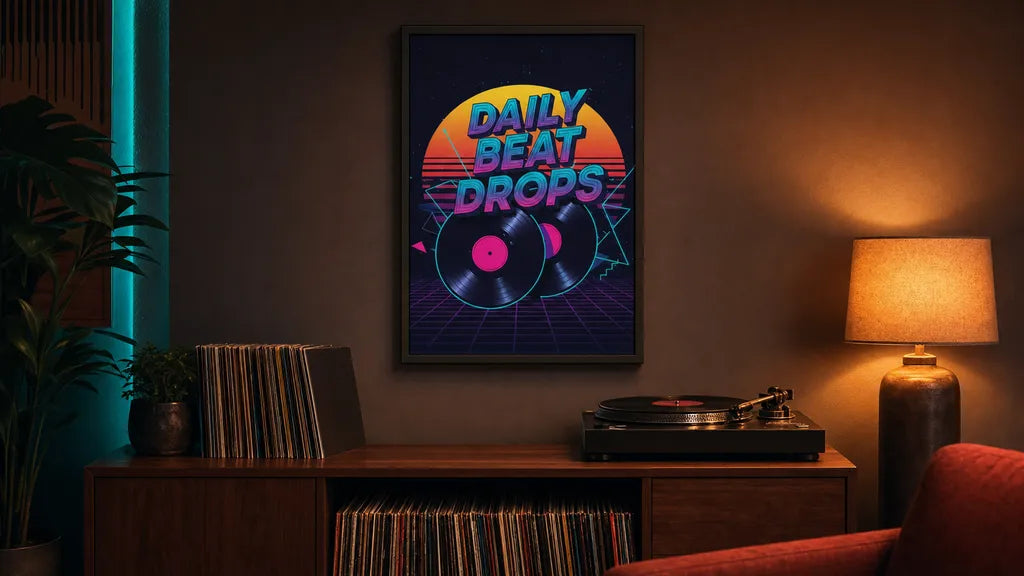 The RaZits Daily Beat Drops neon vinyl poster framed on a warm dark wall above a walnut credenza holding a turntable, with a crate of records below and a lamp to the right