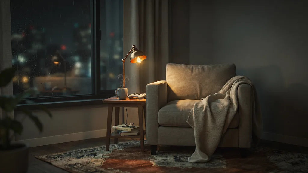 Cozy gaming corner at night with warm amber lamplight, a knit throw blanket over an armchair arm, a steaming mug beside a handheld console and rain on a dark window