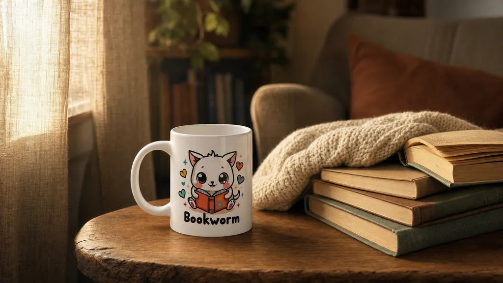 The RaZits Bookworm mug, printed with a white cat reading a red book surrounded by hearts, sitting on a wooden side table in golden hour light beside a stack of hardcover novels and a cream knitted throw