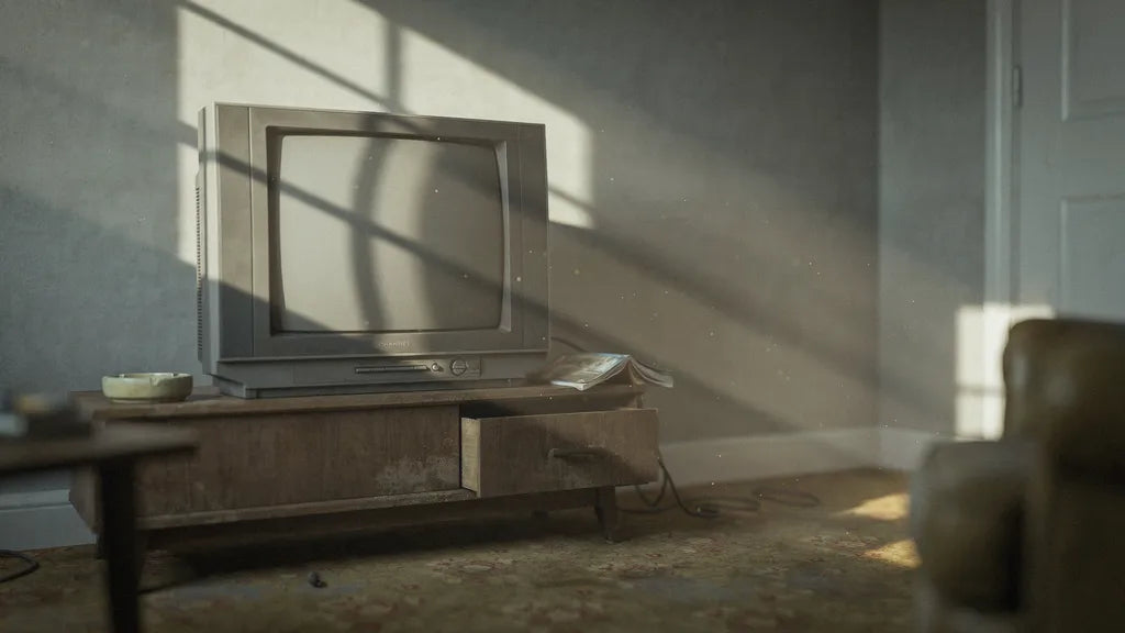 Late afternoon sunlight and floating dust over an old boxy television on a wooden cabinet in a quiet room