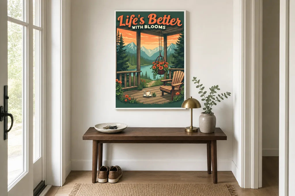 The RaZits Life's Better With Blooms mountain porch print framed above a walnut console table in a narrow entryway, with a dish of keys, a lamp and a runner rug below