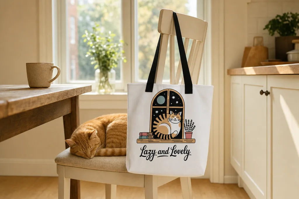 The RaZits Lazy and Lovely cat tote hanging from a cream kitchen chair with a real ginger cat asleep on the seat below it in warm morning light
