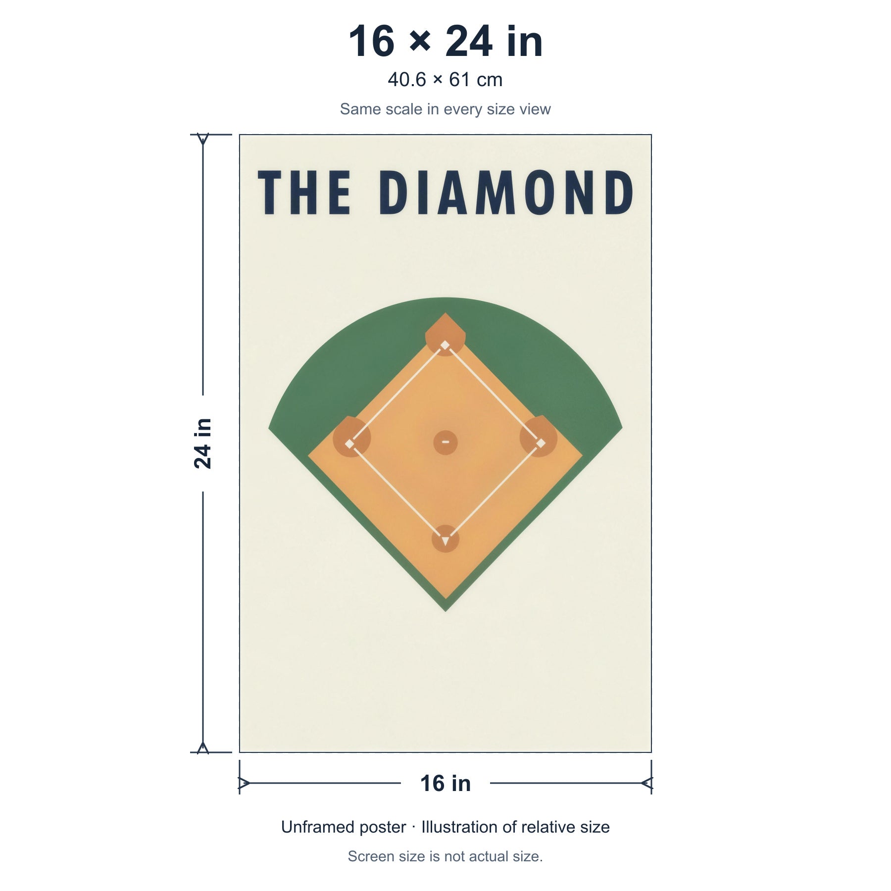 The Diamond unframed poster, 16 by 24 inches (40.6 × 61 cm), accurate relative-size diagram using the same scale as the other size options.