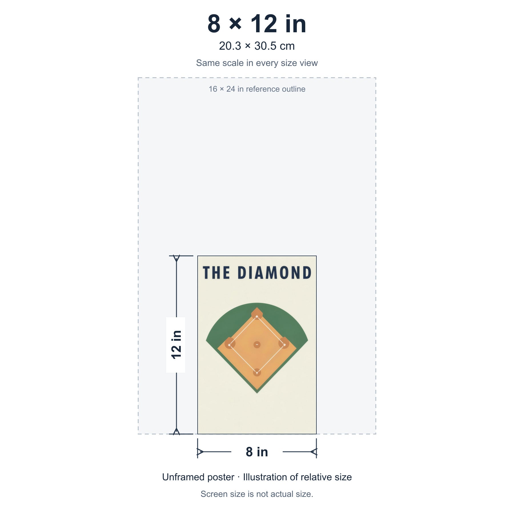 The Diamond unframed poster, 8 by 12 inches (20.3 × 30.5 cm), accurate relative-size diagram using the same scale as the other size options.