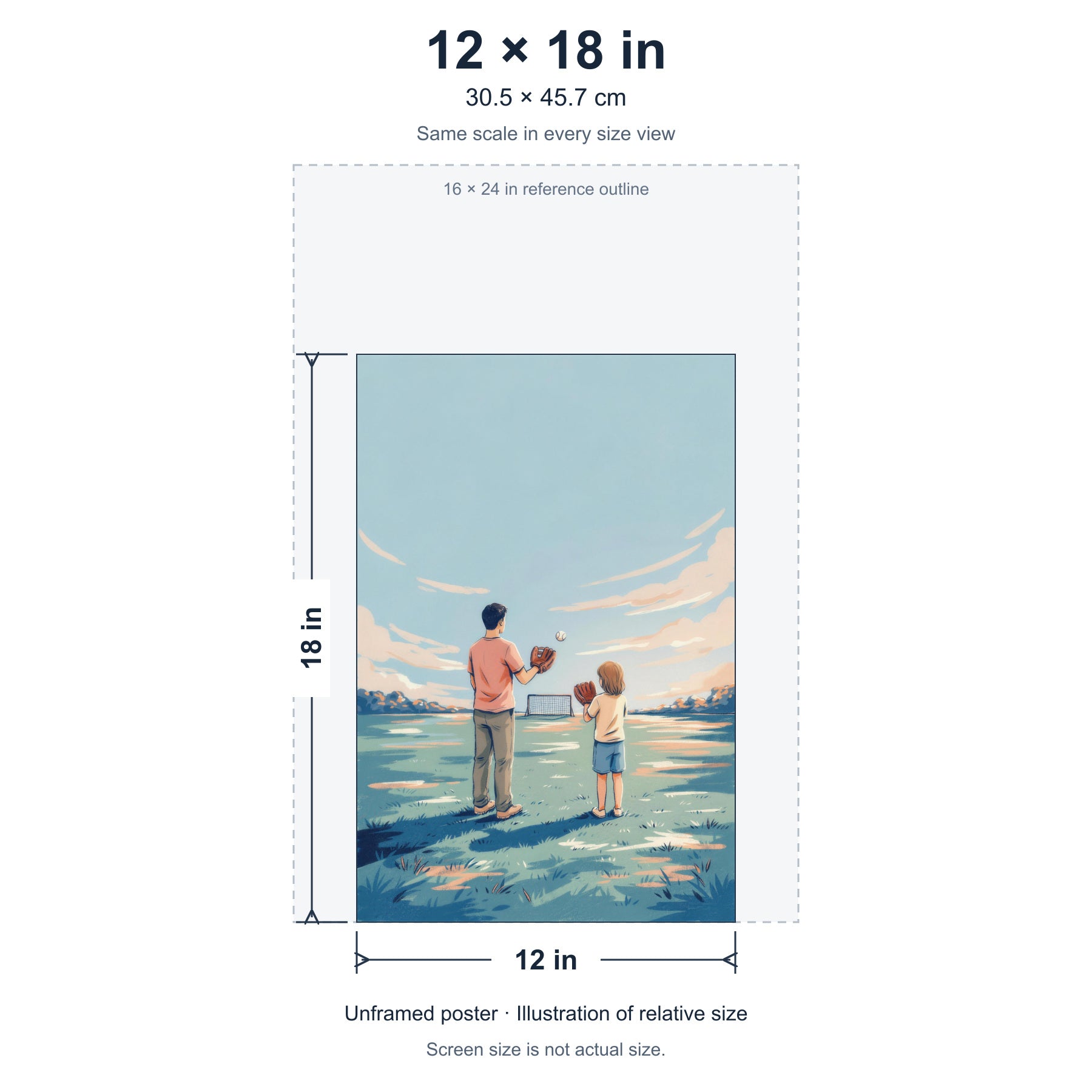 The Distance Between Two Gloves unframed poster, 12 by 18 inches (30.5 × 45.7 cm), accurate relative-size diagram using the same scale as the other size options.