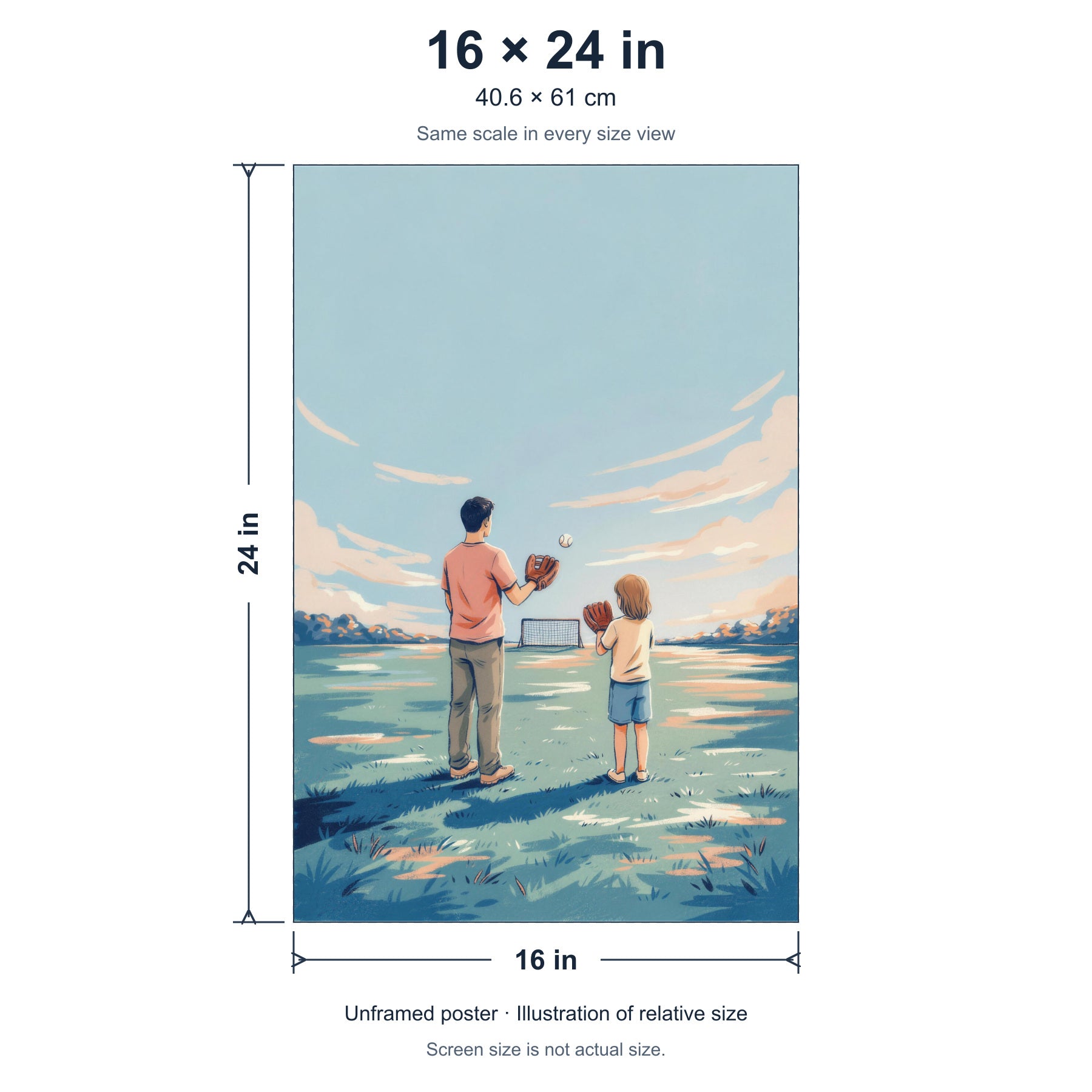 The Distance Between Two Gloves unframed poster, 16 by 24 inches (40.6 × 61 cm), accurate relative-size diagram using the same scale as the other size options.