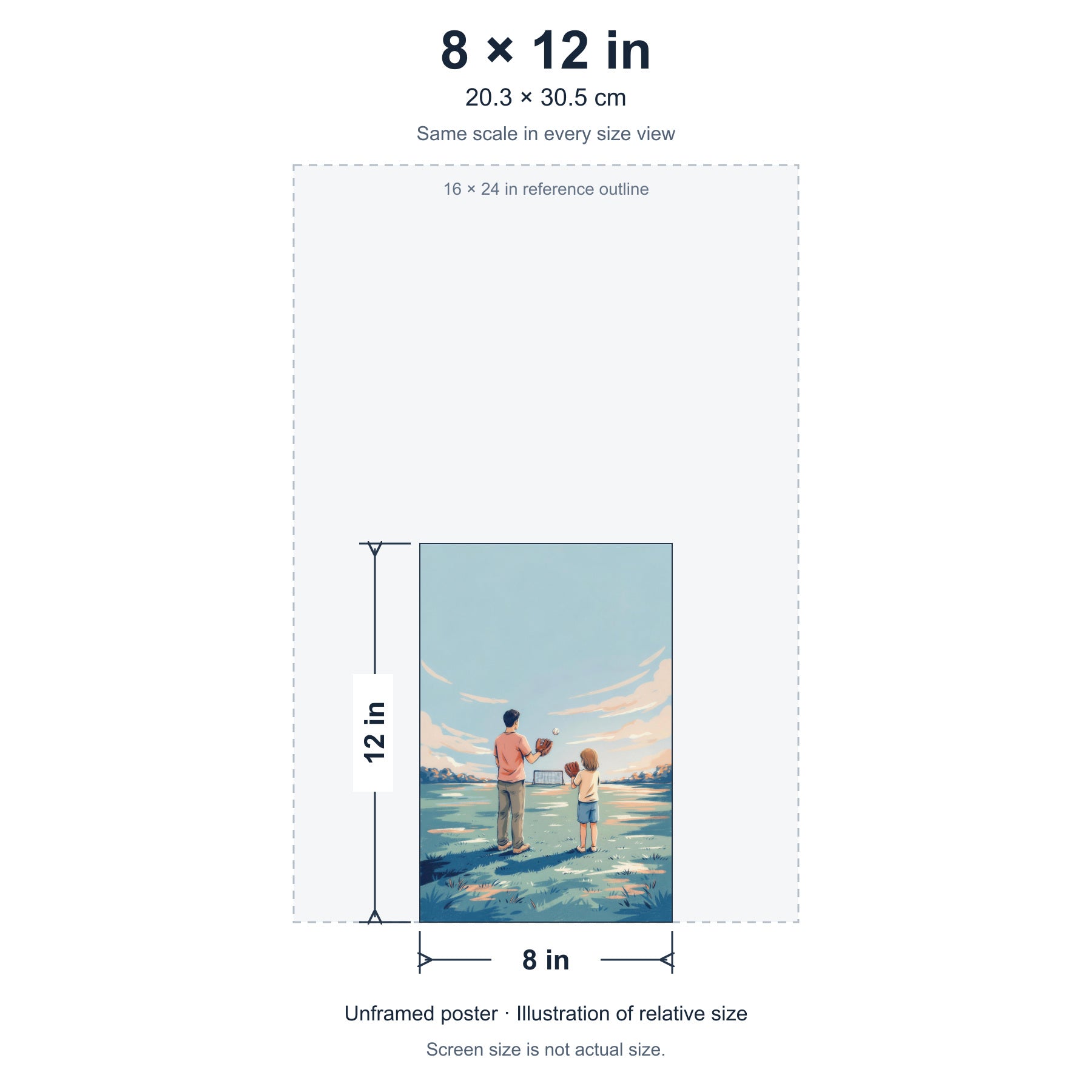 The Distance Between Two Gloves unframed poster, 8 by 12 inches (20.3 × 30.5 cm), accurate relative-size diagram using the same scale as the other size options.
