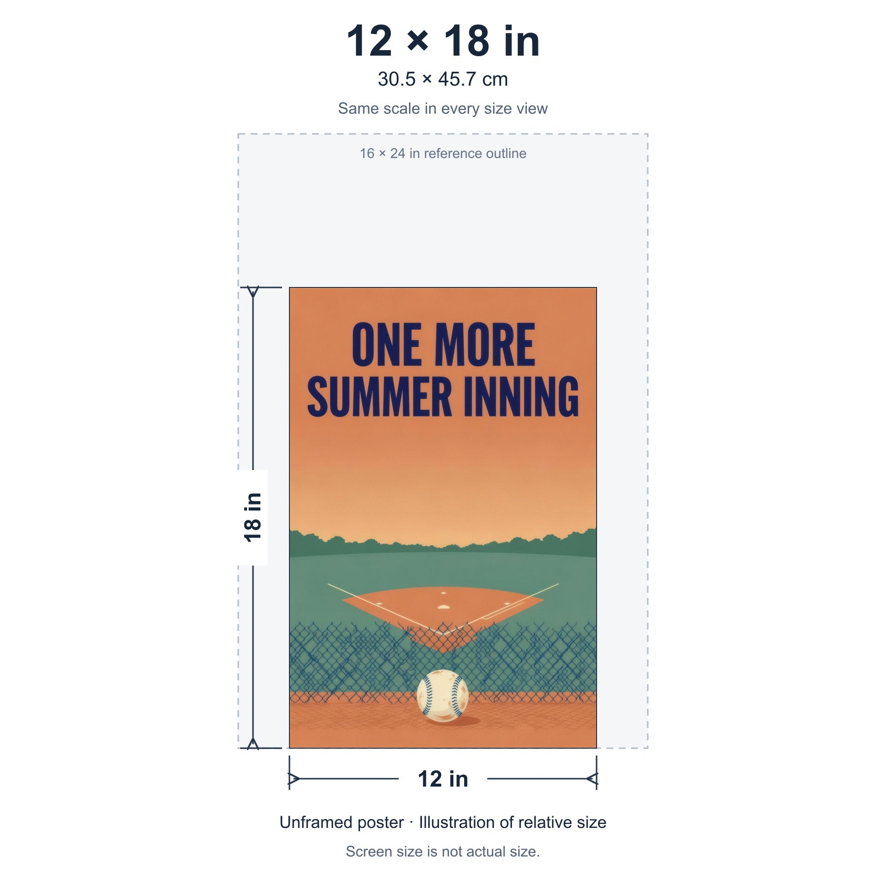 One More Summer Inning unframed poster, 12 by 18 inches (30.5 × 45.7 cm), accurate relative-size diagram using the same scale as the other size options.