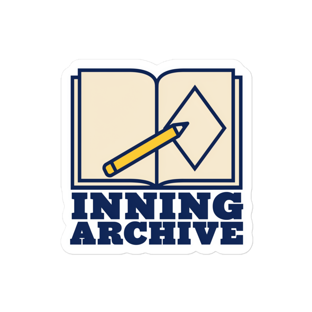 INNING ARCHIVE baseball sticker, 4x4 inch nominal option, genuine flat front showing complete design.
