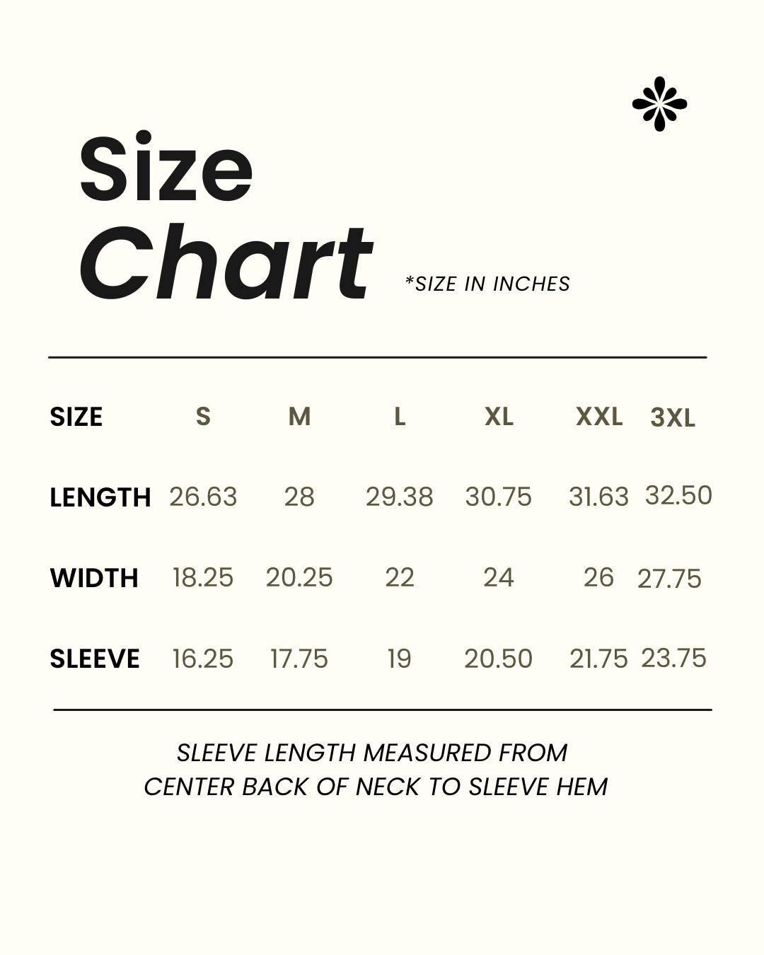 Size chart in inches for this heavyweight tee: length, width and sleeve length for sizes S to 3XL