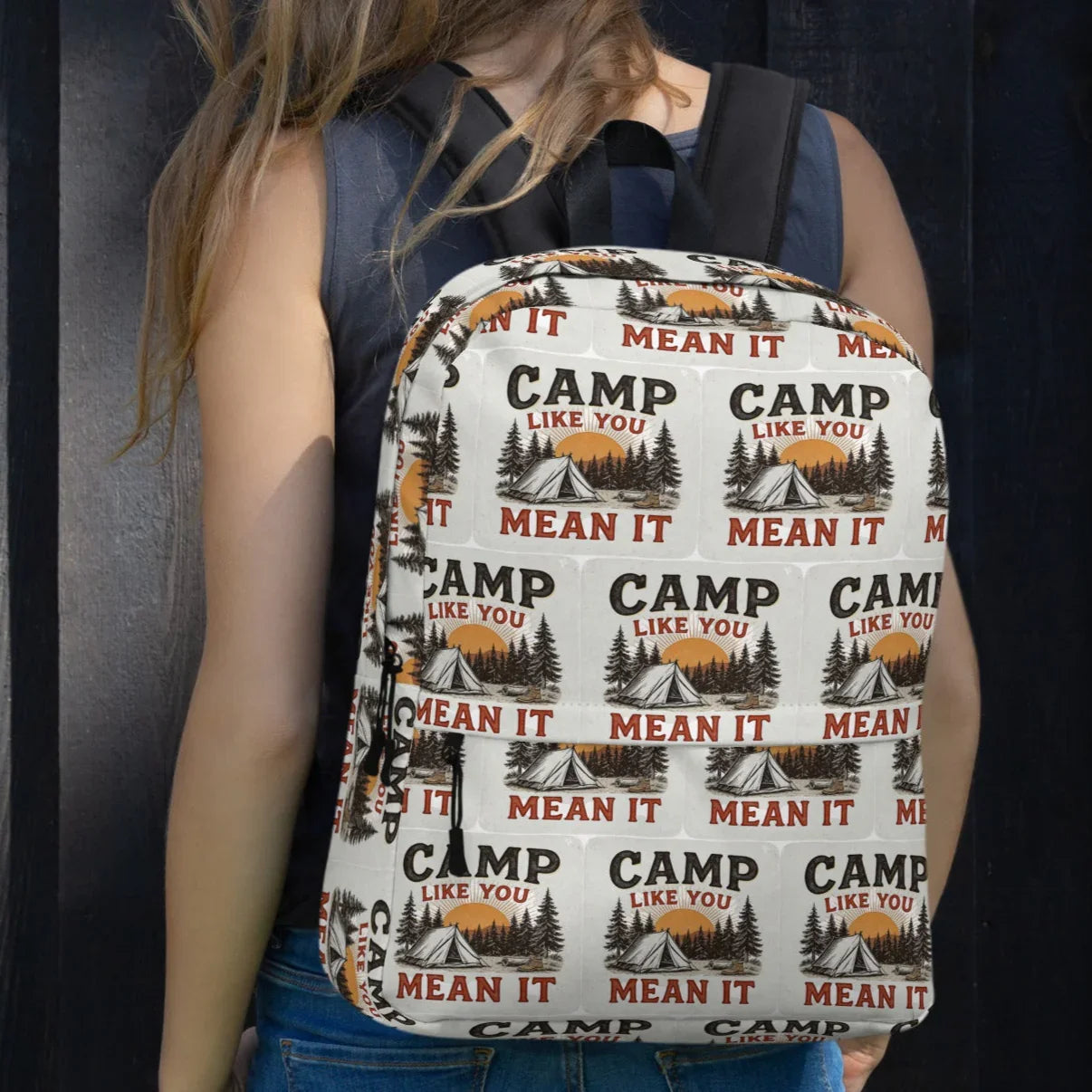 Camp Like You Mean It Backpack – Rustic Tent & Sunrise Print - RaZits