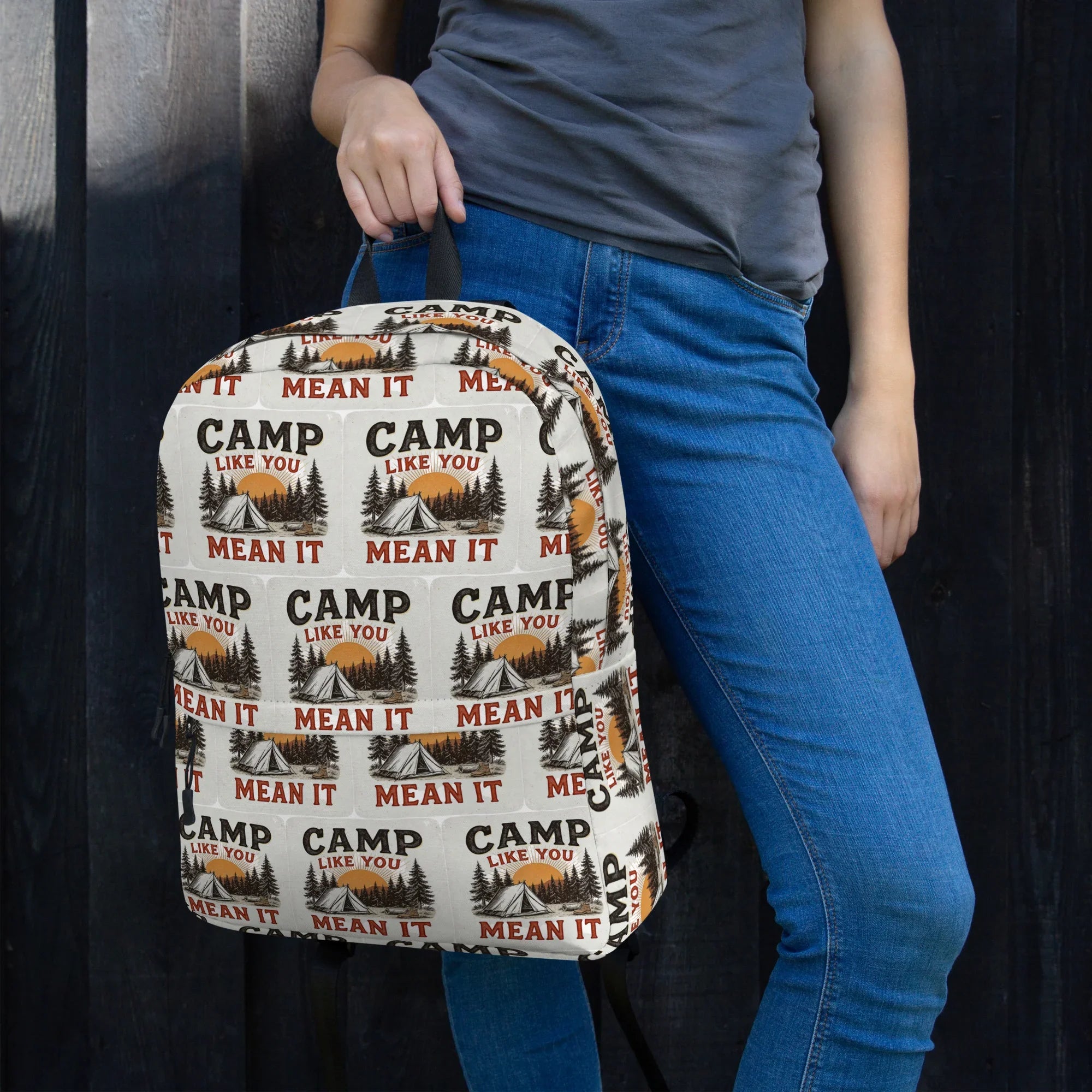 Camp Like You Mean It Backpack – Rustic Tent & Sunrise Print - RaZits