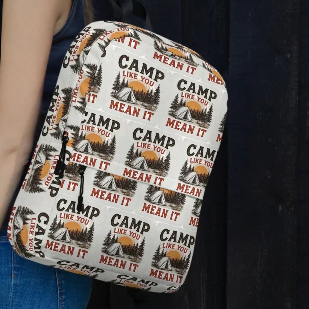 Camp Like You Mean It Backpack – Rustic Tent & Sunrise Print - RaZits