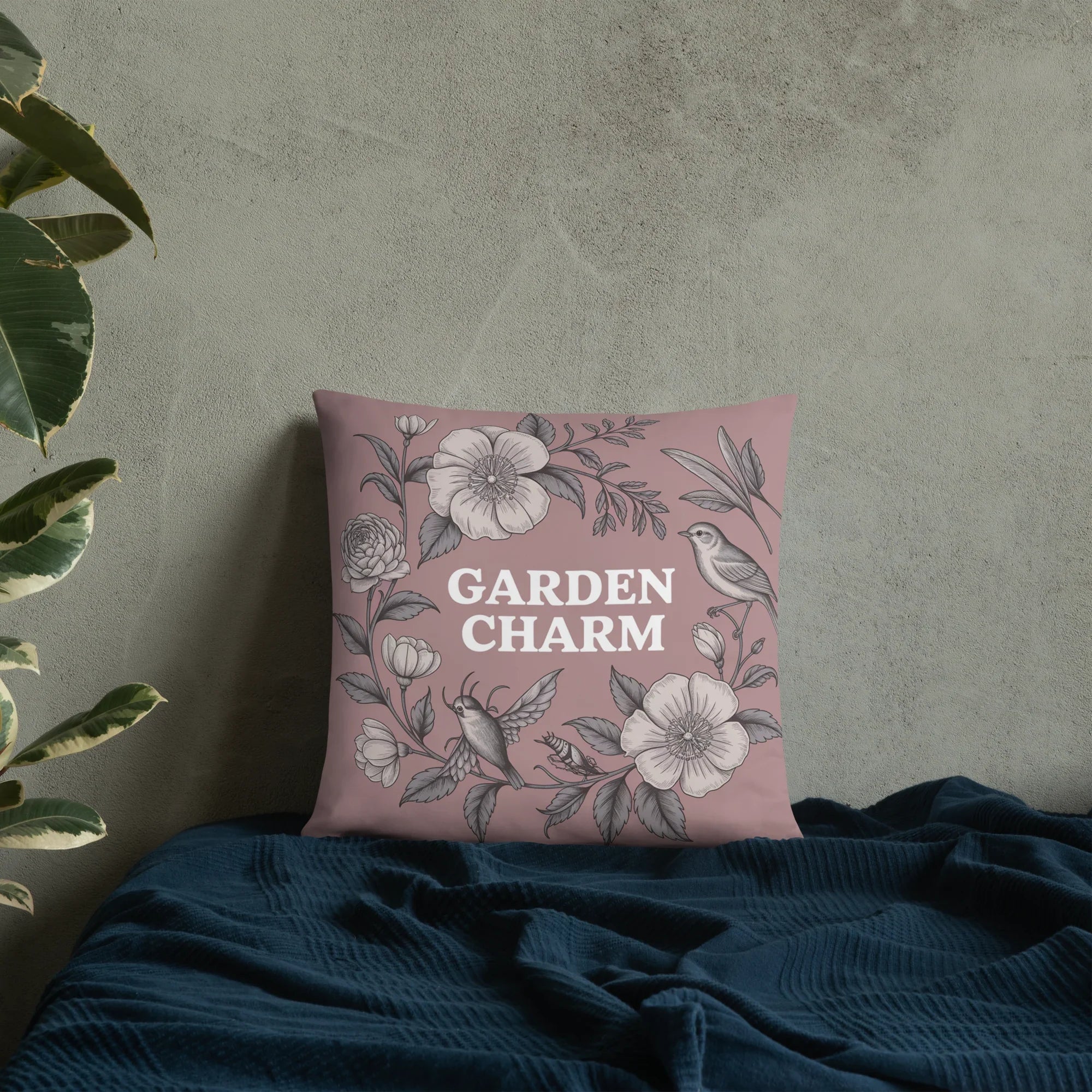 Garden Charm Throw Pillow – Vintage Botanical Floral Design with Birds | Cottagecore & Romantic Nature-Inspired Decor - RaZits
