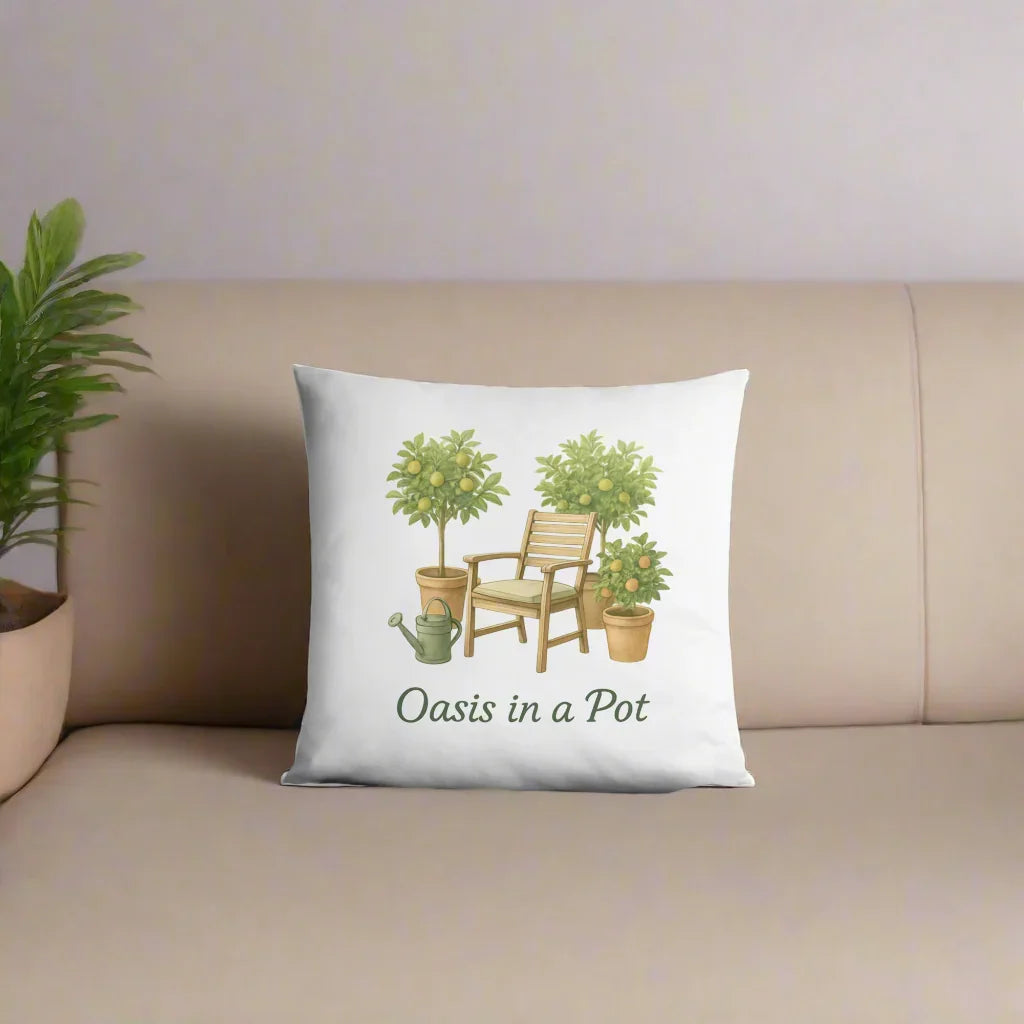 Oasis in a Pot Throw Pillow – Potted Citrus Trees & Chair Illustration - RaZits