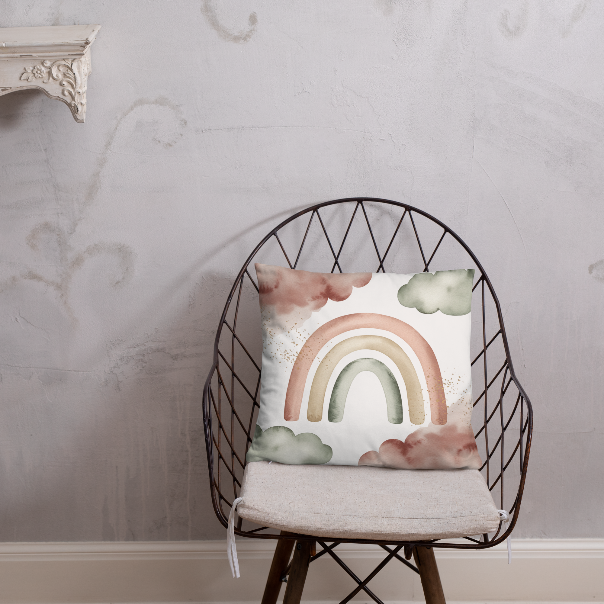 Boho Rainbow Throw Pillow – Pastel Watercolor Clouds & Neutral Tones | Nursery & Minimalist Home Decor.