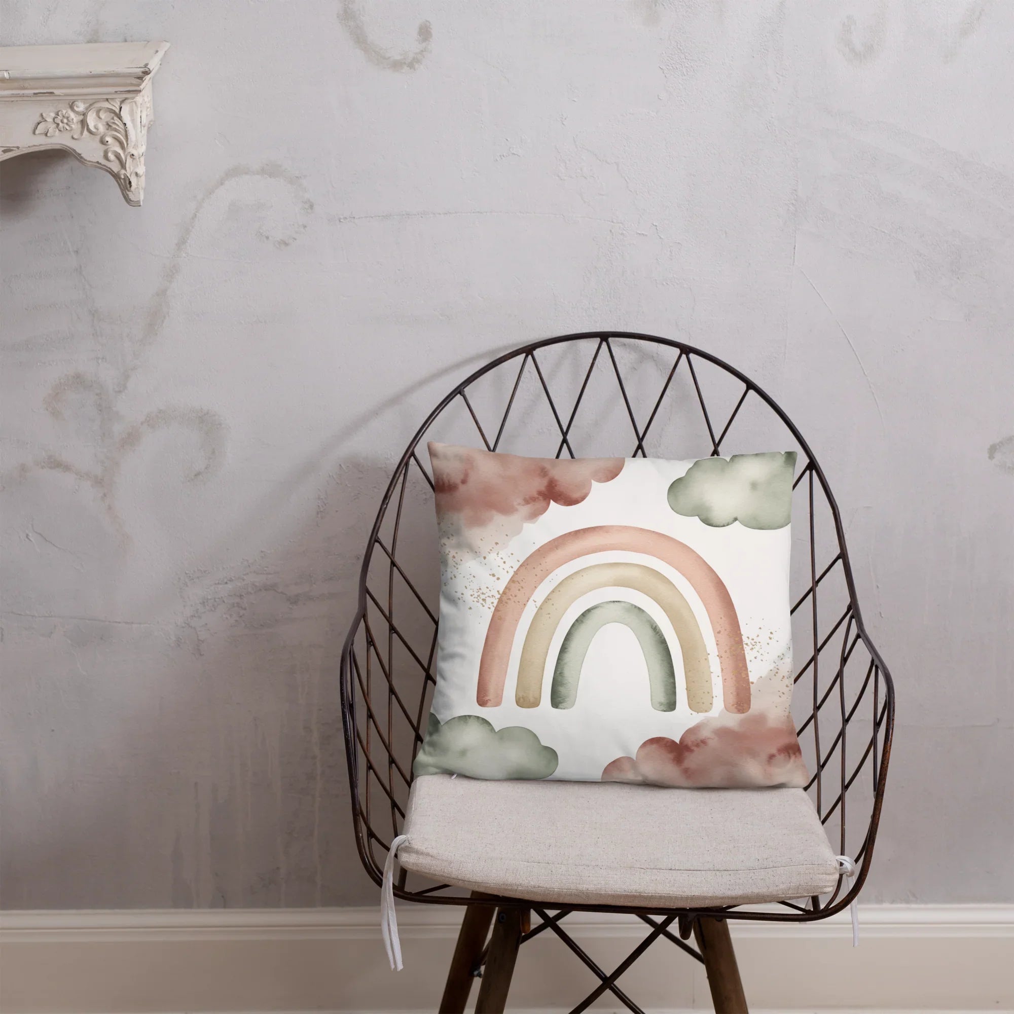 Boho Rainbow Throw Pillow – Pastel Watercolor Clouds & Neutral Tones | Nursery & Minimalist Home Decor - RaZits