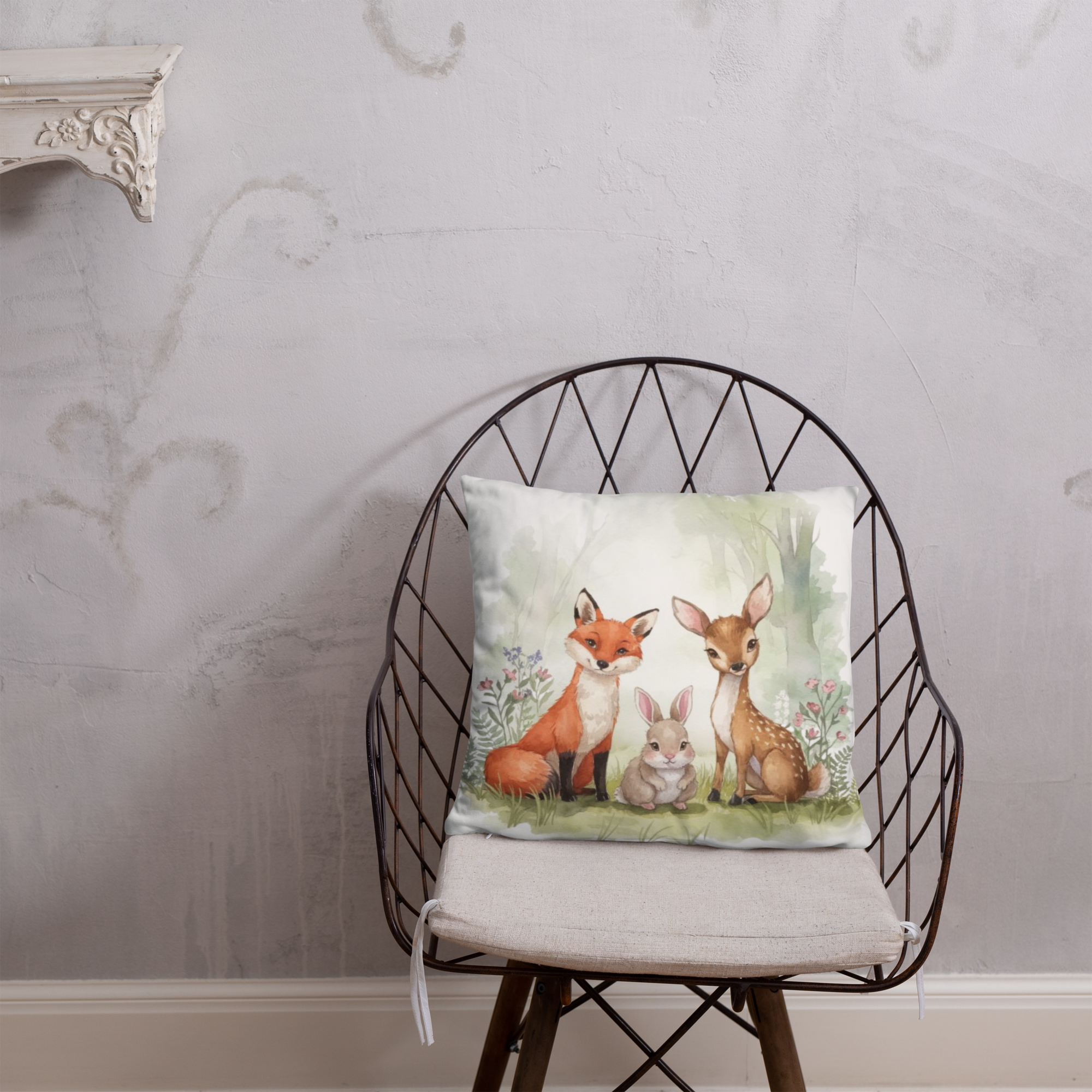 Woodland Animals Throw Pillow – Fox, Bunny & Deer Watercolor Design | Nursery Decor & Forest Friends Cushion.