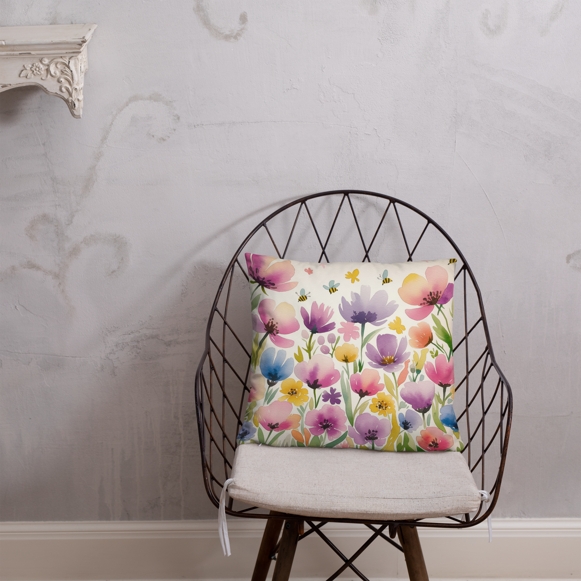 Watercolor Wildflower Throw Pillow – Colorful Floral & Bee Design | Spring & Cottagecore Inspired Decor.