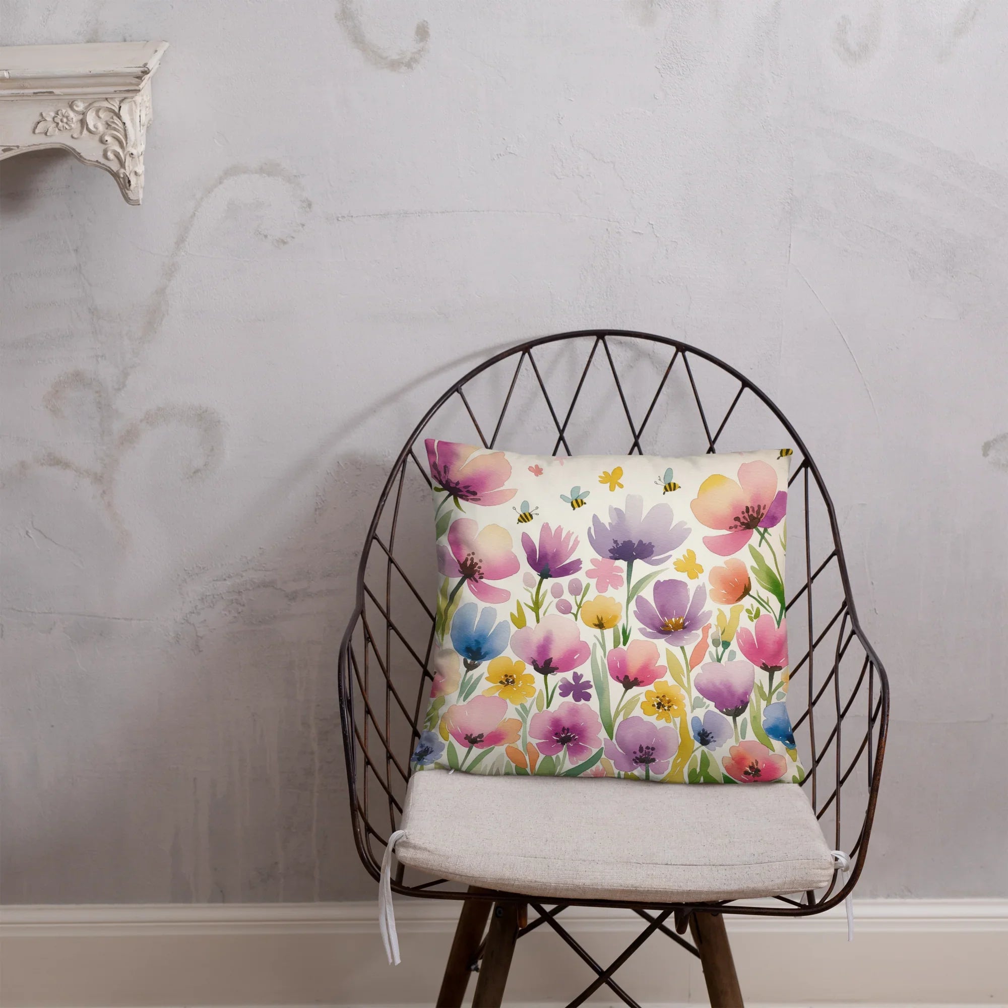 Watercolor Wildflower Throw Pillow – Colorful Floral & Bee Design | Spring & Cottagecore Inspired Decor - RaZits