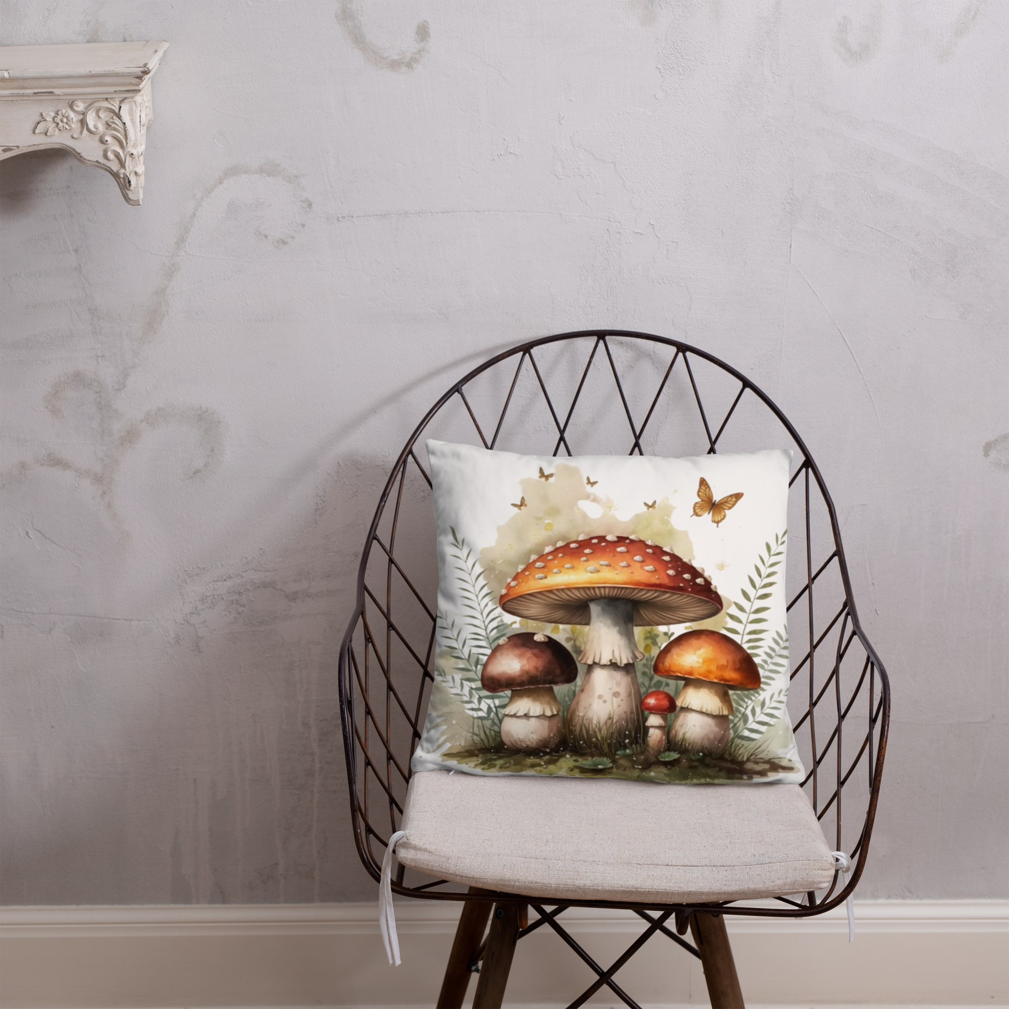 Woodland Mushroom Throw Pillow – Watercolor Toadstool & Fern Design | Cottagecore & Fairycore Forest Decor.