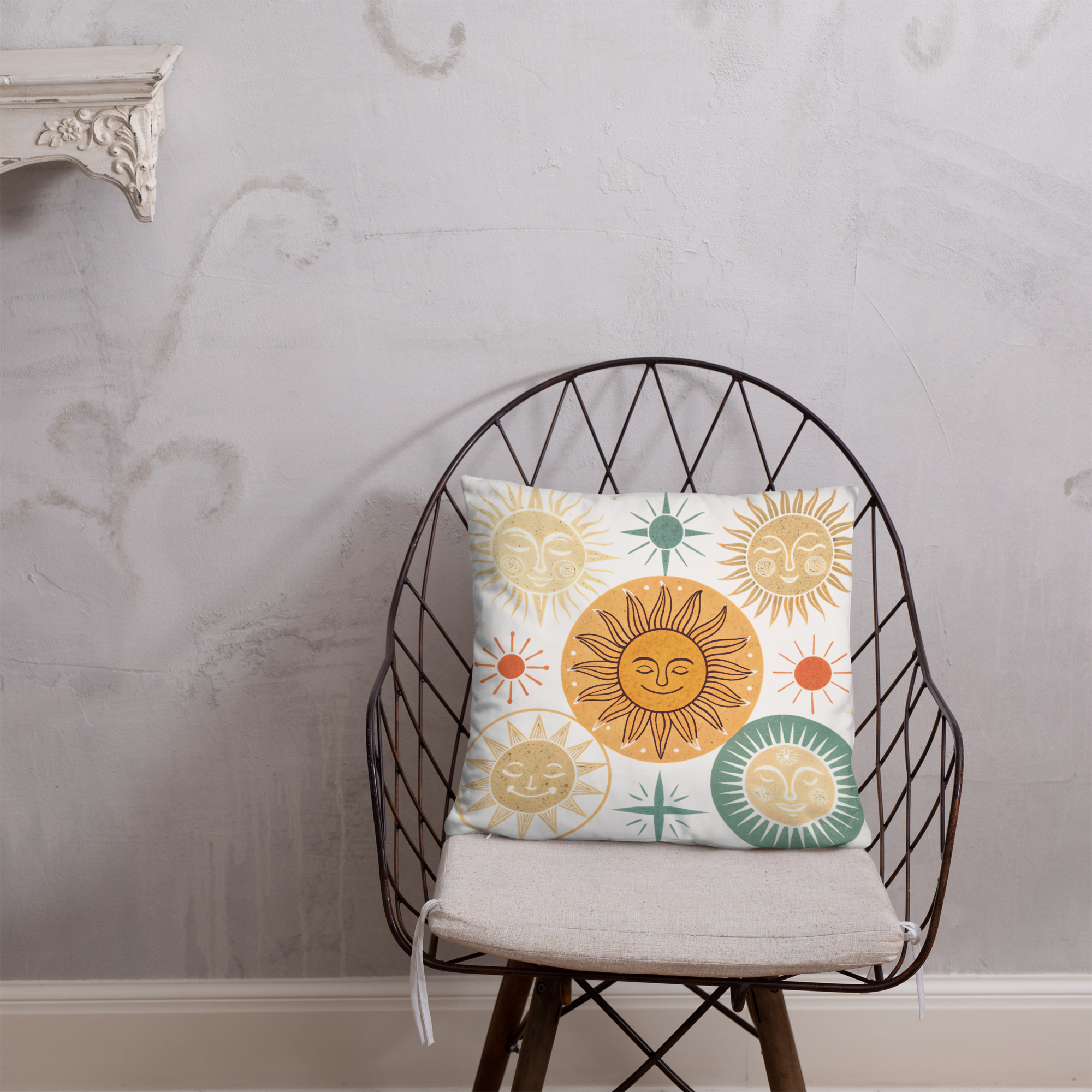 Celestial Sun Throw Pillow – Retro Boho Sun & Star Design | Mystical Astrology-Inspired Home Decor.