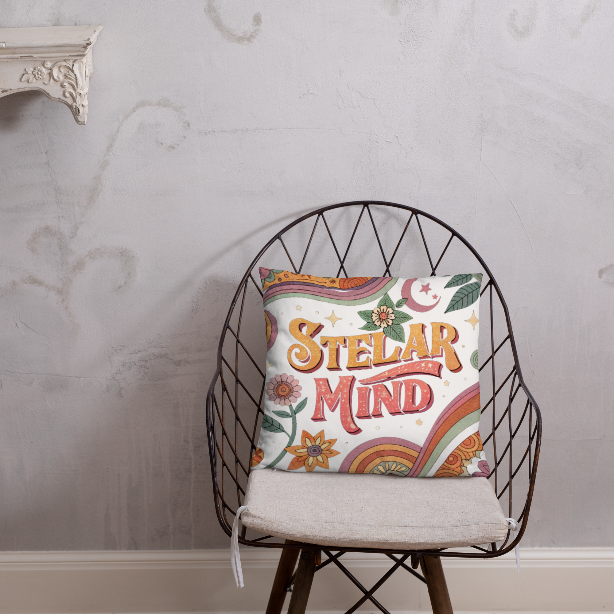 Stellar Mind Throw Pillow – Retro Psychedelic Typography Design | Boho Celestial & Mindful Vibes Decor.