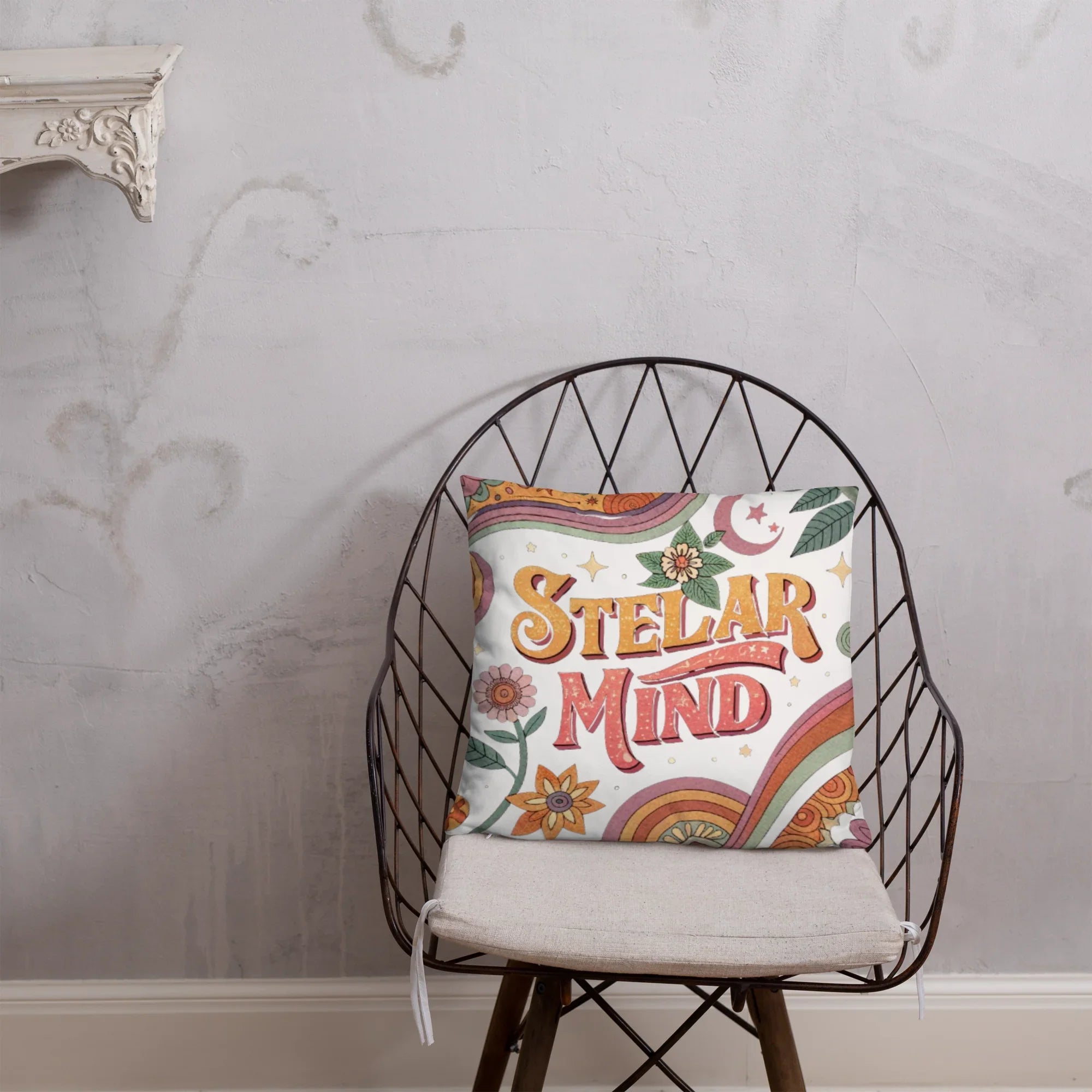 Stellar Mind Throw Pillow – Retro Psychedelic Typography Design | Boho Celestial & Mindful Vibes Decor - RaZits