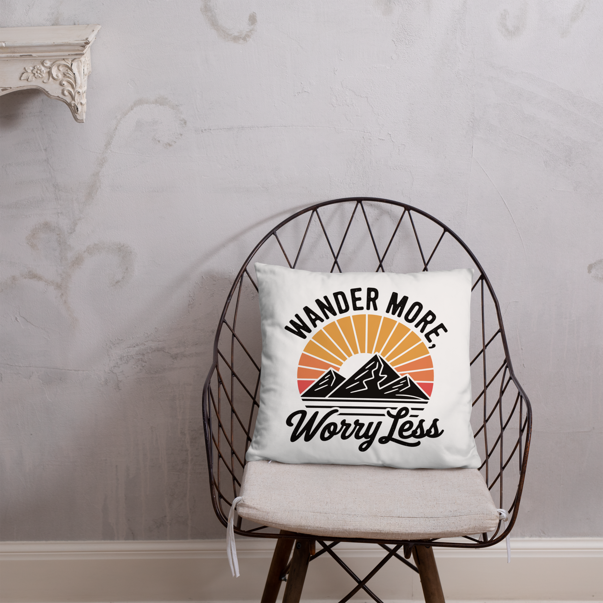 Wander More, Worry Less Throw Pillow – Mountain Sunrise Adventure Quote | Rustic Outdoor & Travel-Inspired Decor.