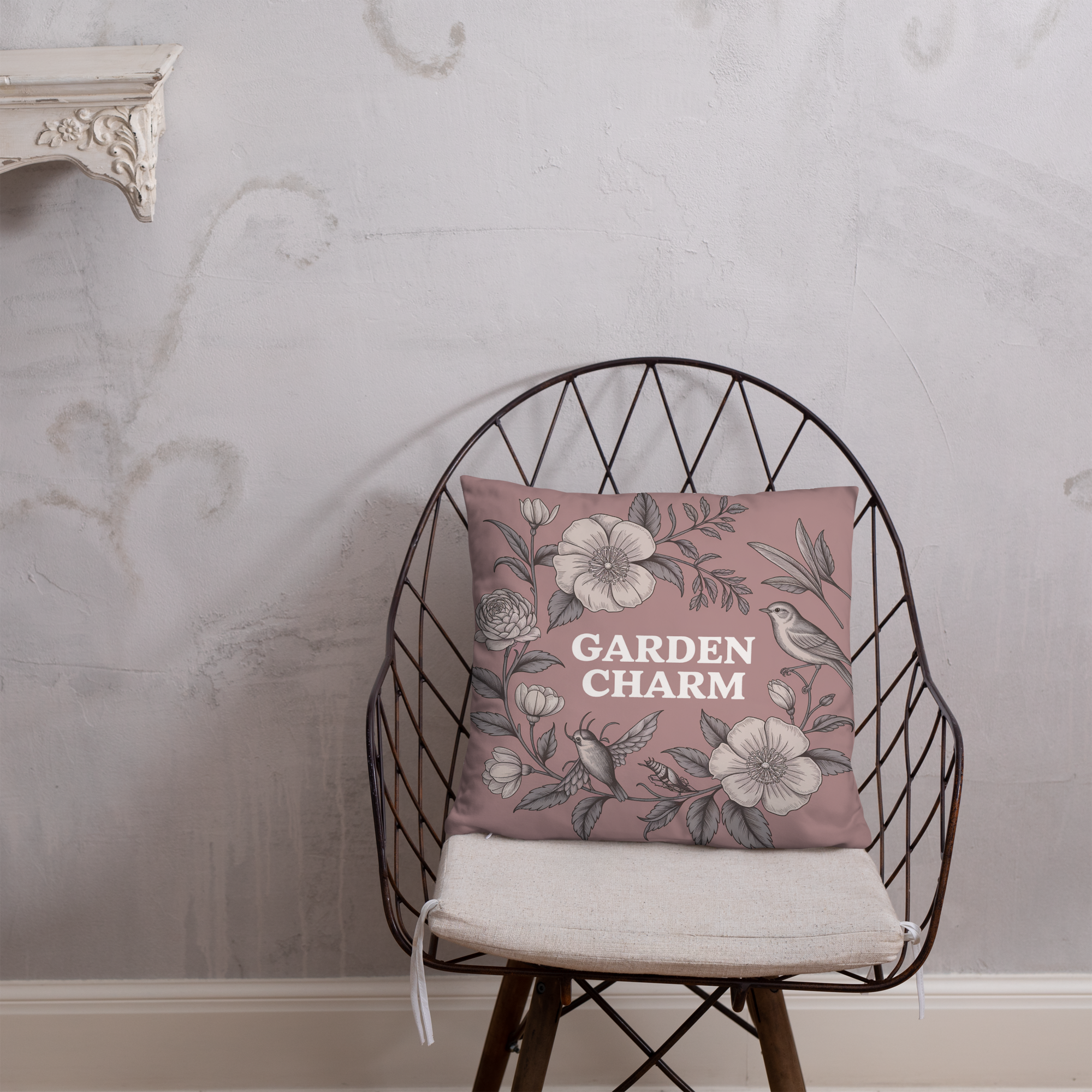 Garden Charm Throw Pillow – Vintage Botanical Floral Design with Birds | Cottagecore & Romantic Nature-Inspired Decor.