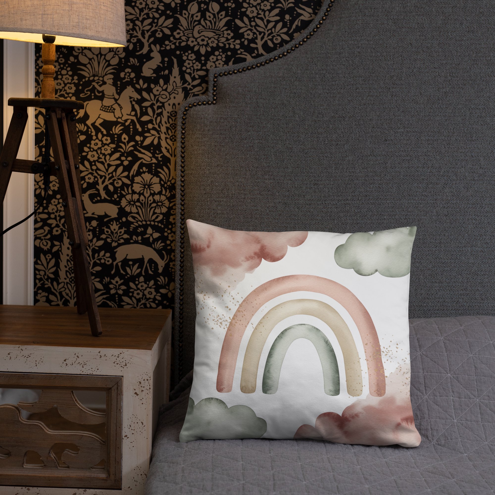Boho Rainbow Throw Pillow – Pastel Watercolor Clouds & Neutral Tones | Nursery & Minimalist Home Decor.