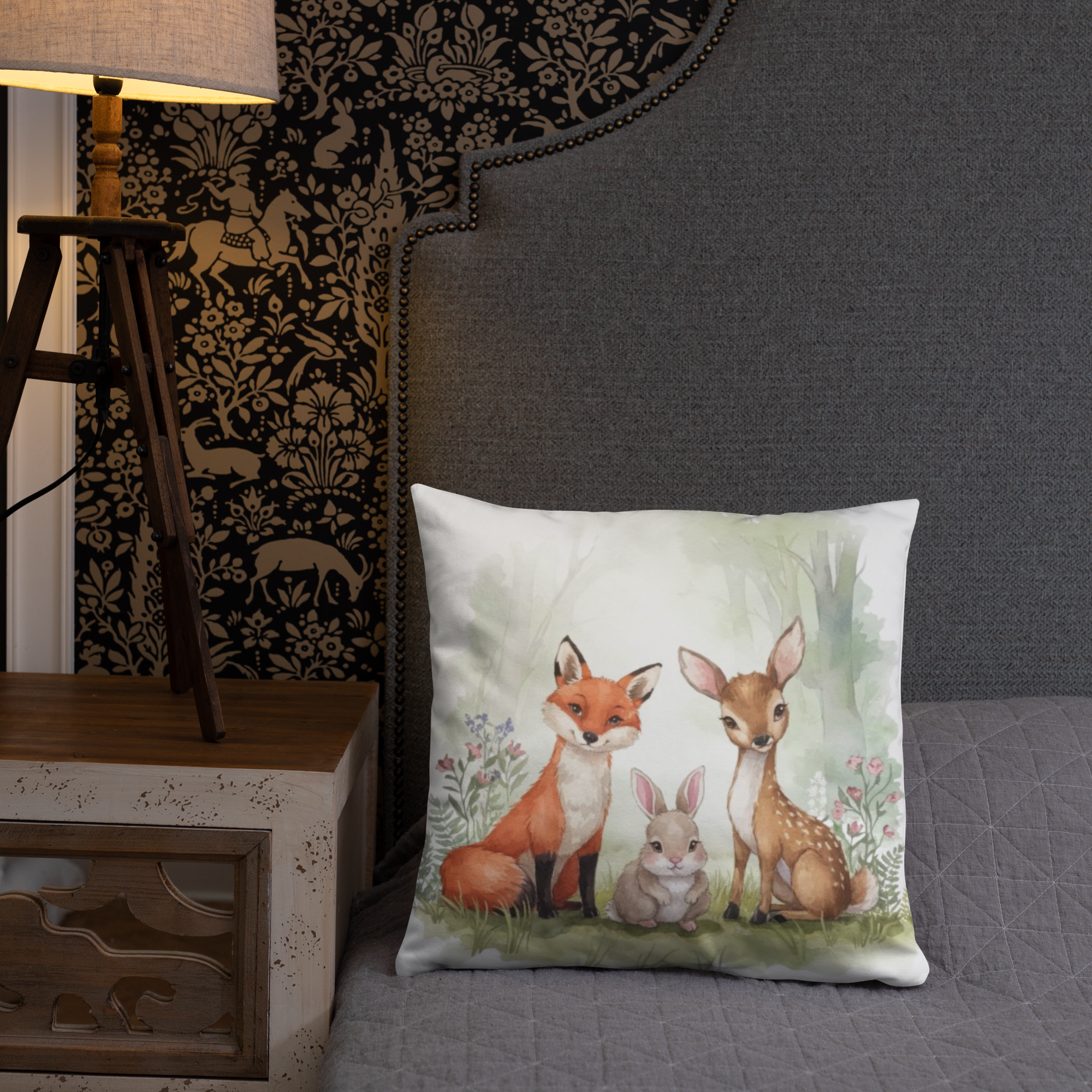 Woodland Animals Throw Pillow – Fox, Bunny & Deer Watercolor Design | Nursery Decor & Forest Friends Cushion.