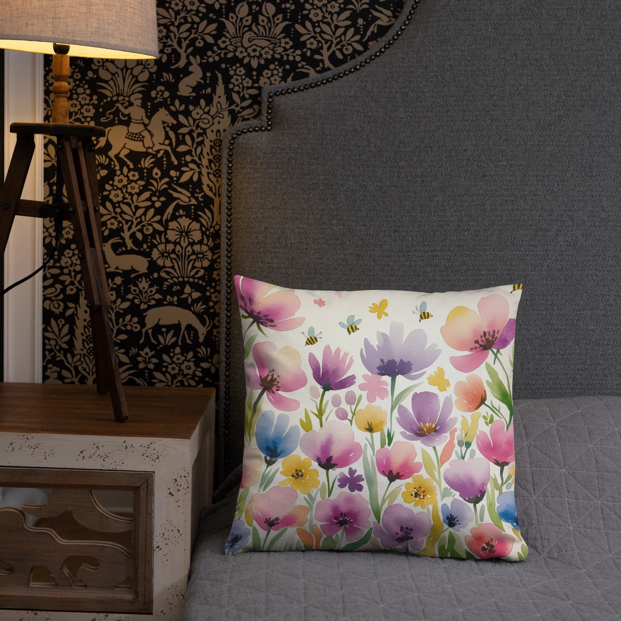 Watercolor Wildflower Throw Pillow – Colorful Floral & Bee Design | Spring & Cottagecore Inspired Decor - RaZits