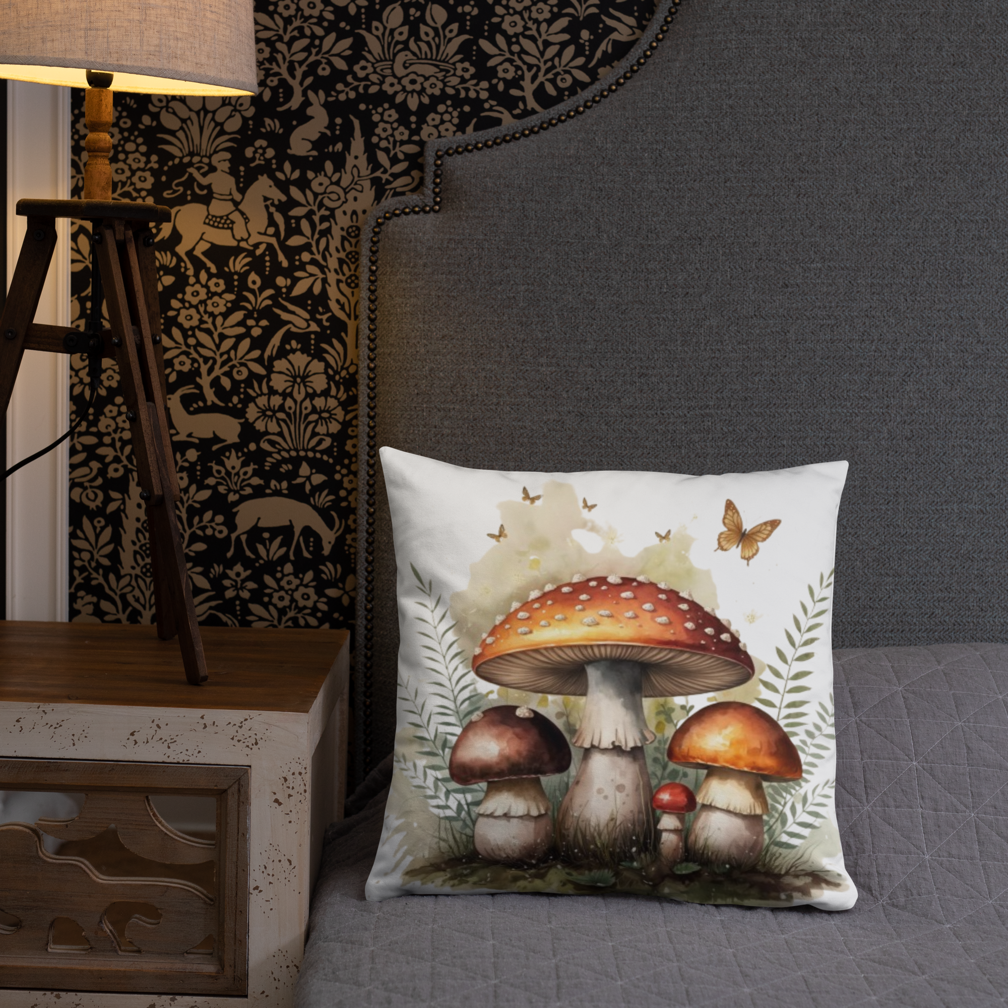 Woodland Mushroom Throw Pillow – Watercolor Toadstool & Fern Design | Cottagecore & Fairycore Forest Decor.